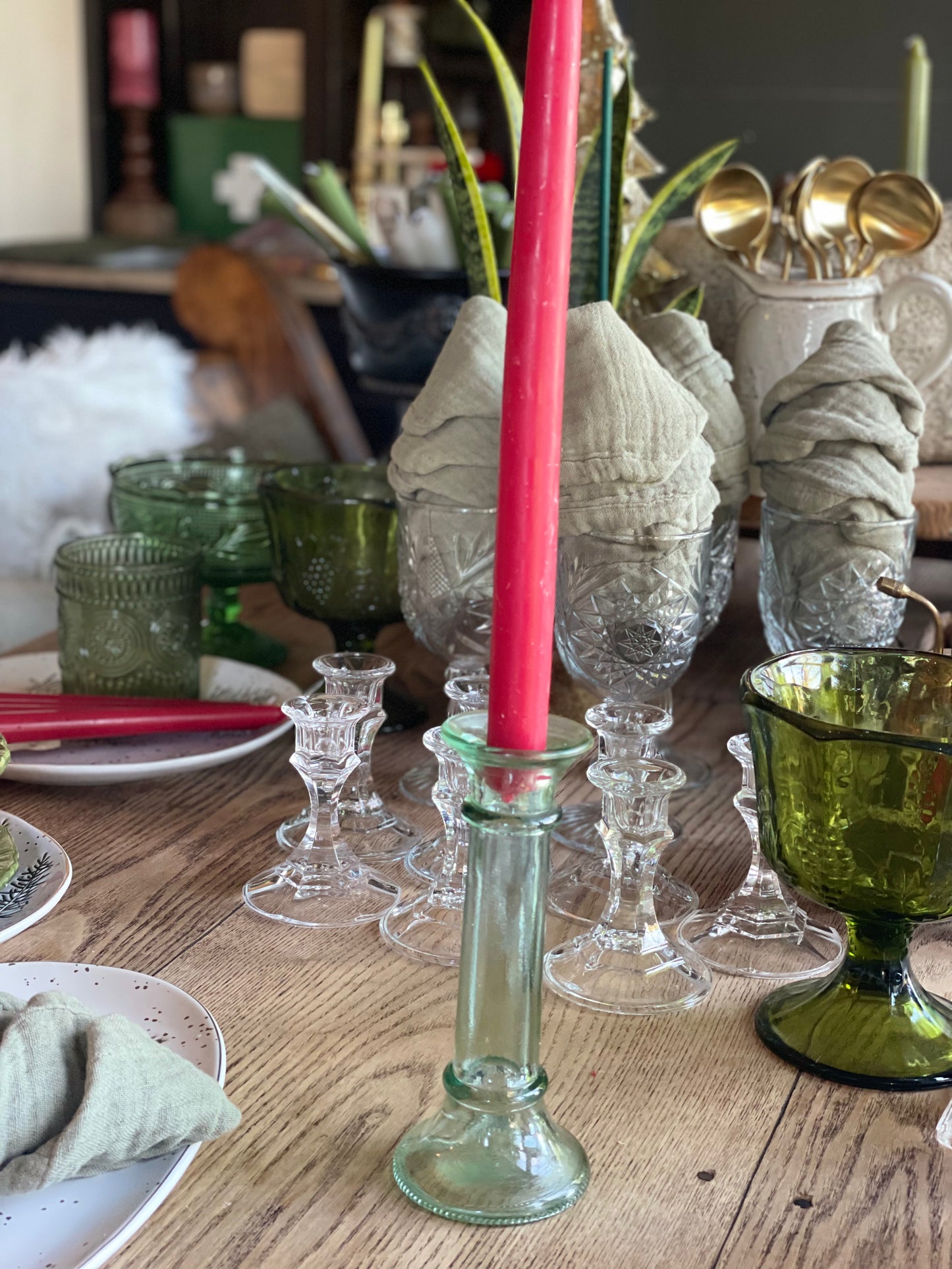 Vintage Glass Candlestick Vetreria Etruscan Italy Green Glass Stick Bud Vase