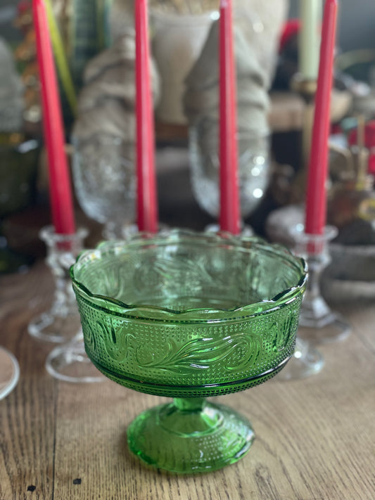 Vintage E O Brody Pressed Glass Candy Dish Emerald Green Pennsylvania Dutch Pattern