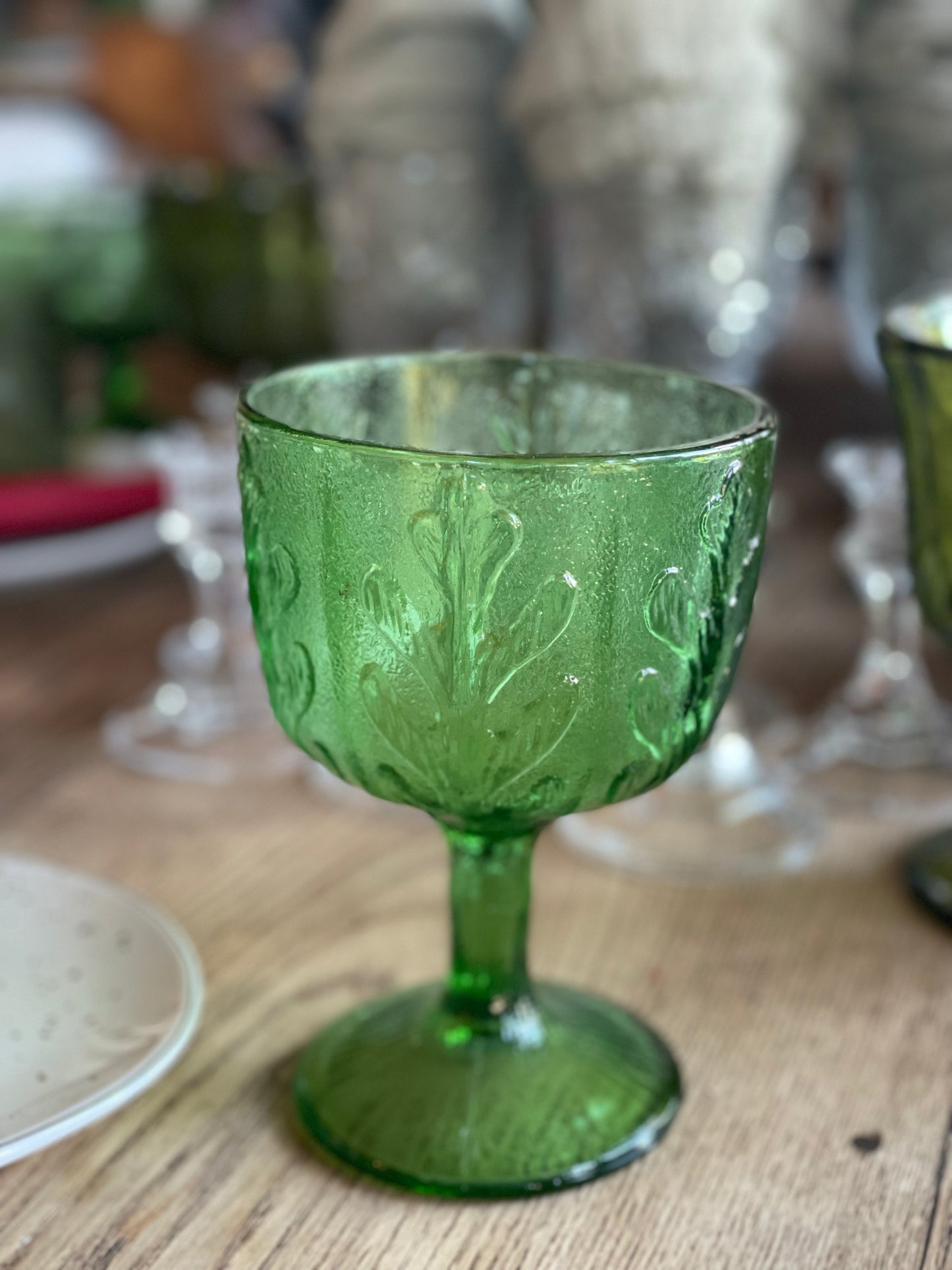 Vintage Collectible FTD Green Glass Goblet Vase Tall Oak Leaves