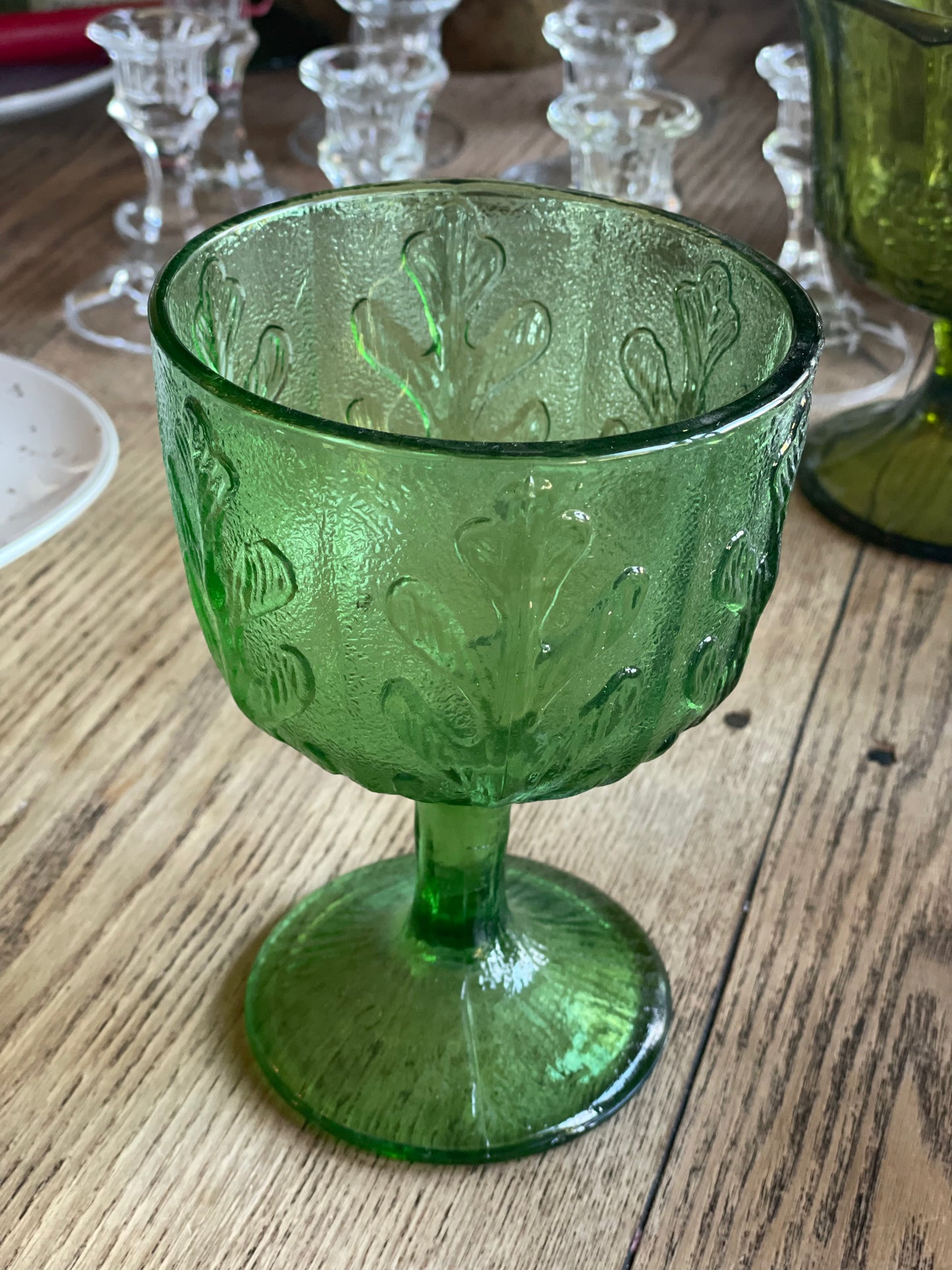 Vintage Collectible FTD Green Glass Goblet Vase Tall Oak Leaves