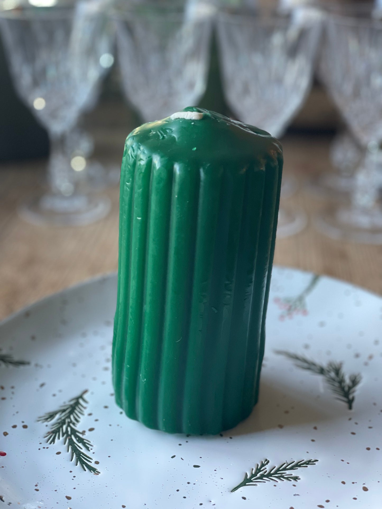 Green Ribbed Pillar Candle